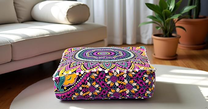 CRAFT KALA Large Hippie Mandala Meditation Floor Ottoman Pillow Cushion Pouf Cover Square Poufs Bohemian Circle Floor Cushion Case Outdoor Fireplace Yoga Living Room Decor Cover New Pink, 16" Square