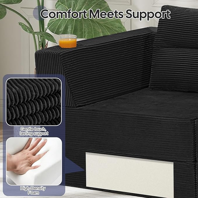 COMAX Futon Sofa Bed 3 Seater, 106" Convertible Sofa Bed Couches for Living Room, 4 in 1 Folding Boneless Sleeper Corduroy Couch Foam in a Box, Comfy Foldable Lounge Fold Out Floor Mattress, Black
