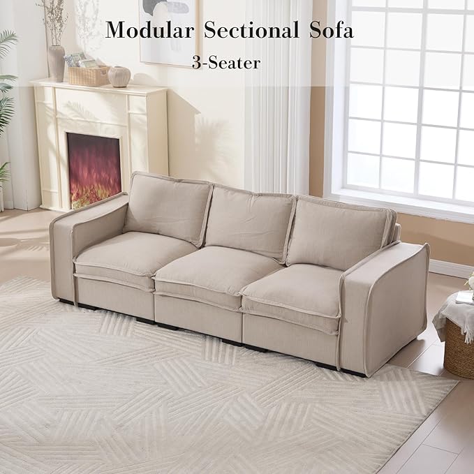 HEAY-YO 93 Inches Modern Modular Sectional Sofa,3-Seater Comfy Couch with High Density Foam and Armrests,Floor Sofa for Living Room Bedroom Apartment,Linen Sand