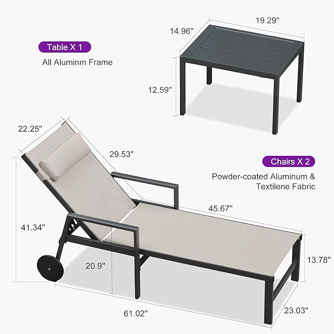 PURPLE LEAF Patio Lounge Chair Set Outdoor Chaise Lounger Aluminum Frame with Armrest 2 Side Table and Wheels for Pool Outside Sunbathing Tanning Recliner Including Pillows Beige