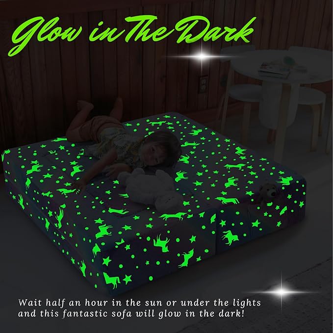 MeMoreCool Glow in The Dark Kids Couch – Modular Fold-Out Toddler Sofa (Rainbow) | Convertible Play Couch for Bedroom & Playroom; Chair, Bed, Fort or Ball Pit; Machine-Washable Velour Cover