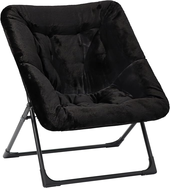 Comfy Saucer Chair for Adults, Soft Faux Fur Bedroom Chair, Accent Dorm Chairs, Flexible Living Room Reading Chairs, Oversized Folding Lounge Seat for Teens, X-Large, Black