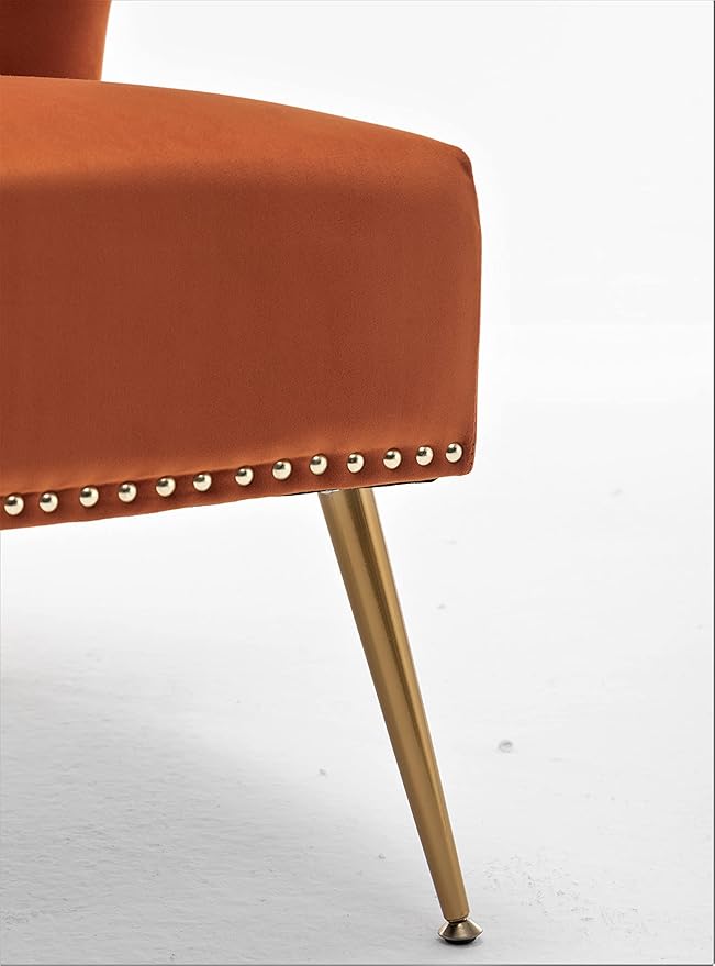Container Furniture Direct Thia Armless Velvet Accent Chair for Living Room, Elegant Seat with Nailhead Trim, Gold Metal Legs and Comfortable Curved Back, 28" D x 25" W x 29.5" H, Orange Red