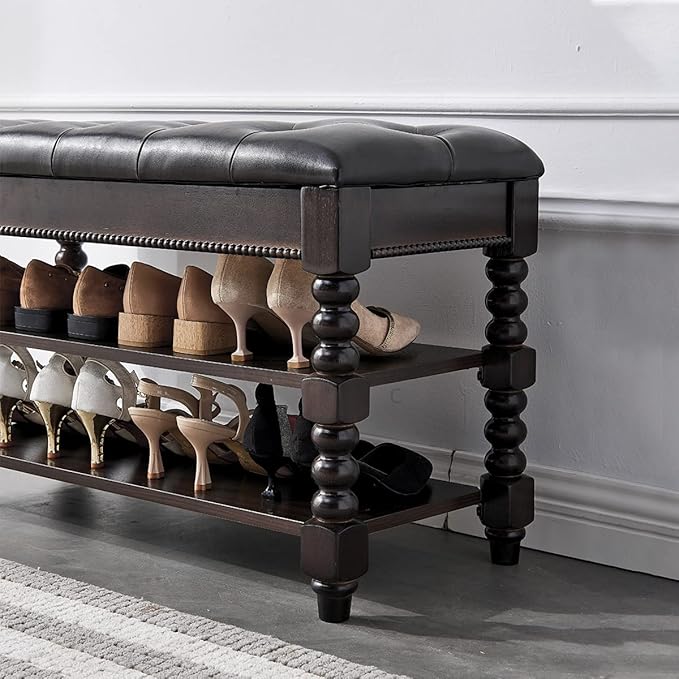 LEILISI Shoe Bench, Wood Storage Bench with Cushion Seat, Shoe Rack with Hidden Storage Space for Entryway Living Room Bedroom Hallway (Walnut, 39.4'')