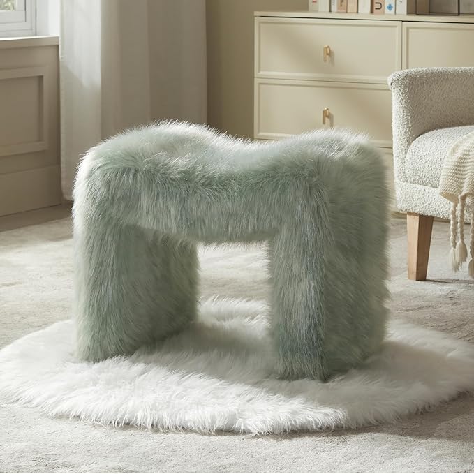 Vanity Stool Chair Small Footstool Ottoman Faux Fur Seating Backless Modern Foot Rest Ottoman Furry for Makeup Room Living Room Bedroom Entryway,Green (Single 1)