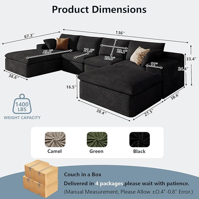 136" Cloud Sectional Couch with U-Shaped Chaise,Corduroy Viral Boneless Sofa with Ottoman,Memory Foam Couches in a Box with Deep Seat for Living Room,No Assembly Required (Black,Left-Facing Chaise)