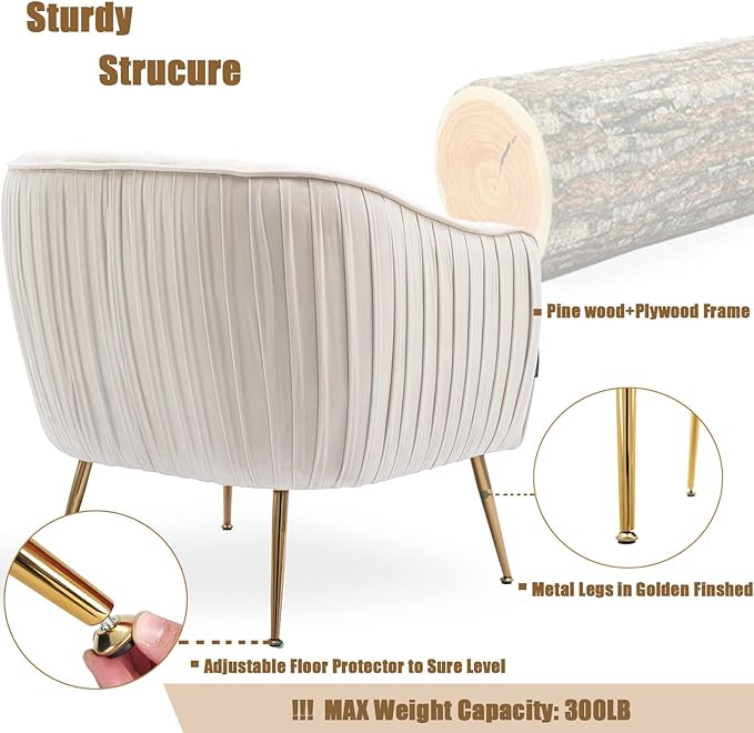 Altrobene Velvet Accent Chair, Modern Barrel Chair, Living Room Bedroom Arm Chairs, Golden Finished, Beige