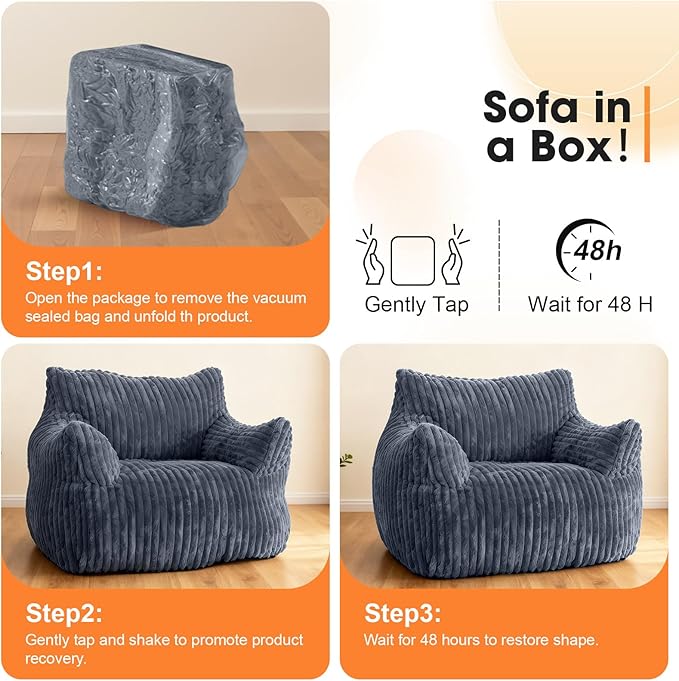 Giant Bean Bag Chair with Ottoman, Oversized Memory Foam Bean Bag Sofa for Adults and Kids, Large Comfy Fluffy Single Lounges Mini Couch for Living Room, Bedroom & Dorm(Gray)
