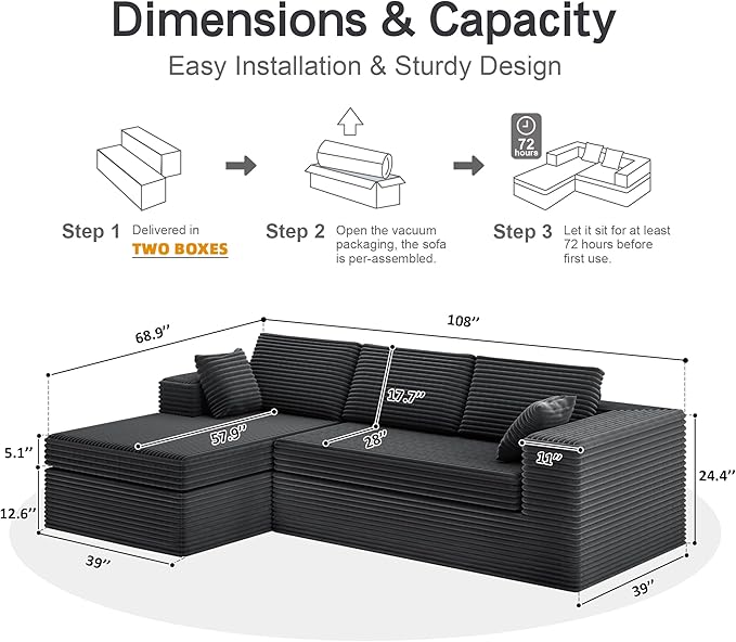 luckyvo 108-inch Boneless Couch for Living Room，Comfy Boneless Sofa with Deep Seats & Chaise Lounge, 3-Seat Modular Sofa Memory Foam Sectional Couches - No Assembly Required(Dark Grey)