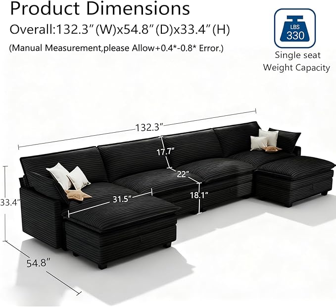 Modular Sectional U Shaped Sofa Couches with Storage Ottoman, Cloud Couch for Living Room, Comfy Sofa with Pillow, Dark Black