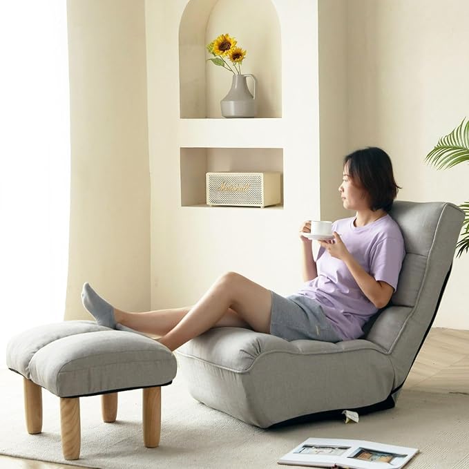 Adjustable Floor Chair with 3-Stage Regulation, Foldable Lazy Sofa Chair with Footrest, Padded Linen Tufted Backrest, Ergonomic Gaming Lounger for Living, Bedroom, Balcony, Grey