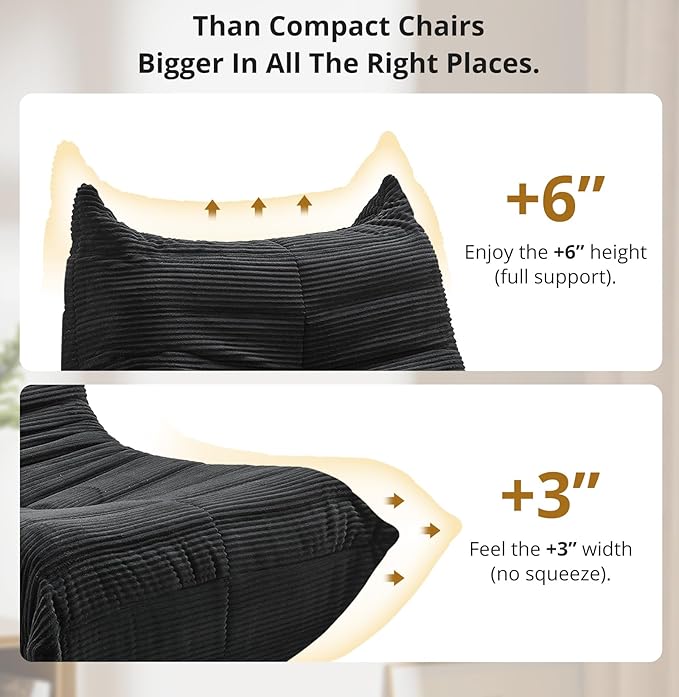 Bean Bag Chair - Corner Sofa, Fireside Chair Bean Bag Sofa Large Bean Bag Chair for Adults,Fireside Floor Couch for Living Room, Bedroom, Gaming (Yellow, Single) (Black, Single)