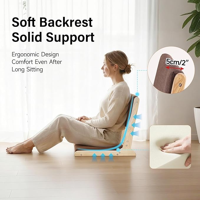 Tiita Floor Chair with Back Support, Foldable Meditation Tatami Chairs, Backrest Chair with Cushion, Living Room Chair Seat 4 Pack, Wood Brown