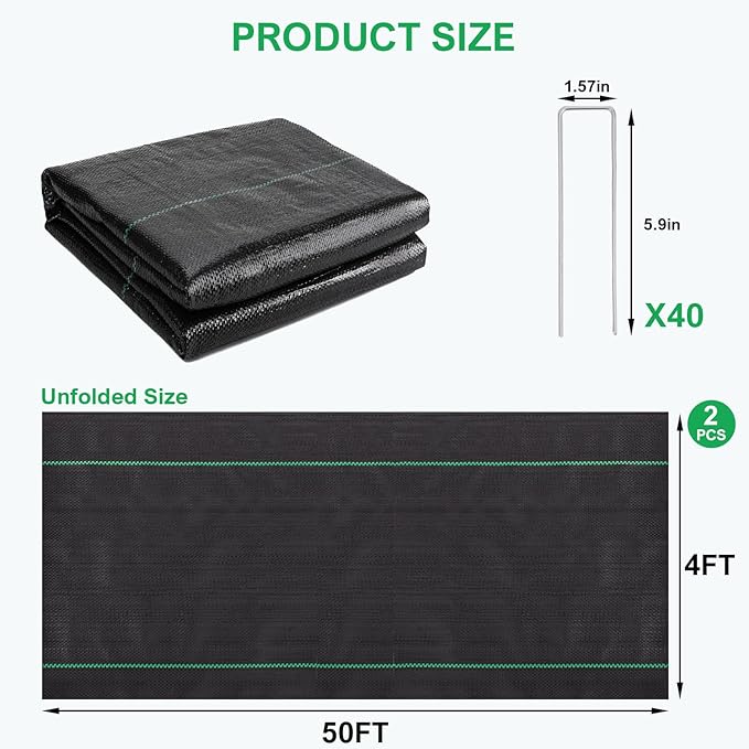 BIRDSINYARD 4ftx100ft Weed Barrier Landscape Fabric - 3.2oz Premium Heavy Duty Weed Block Ground Cover Mat with 40 U-Shaped Securing Pegs | Woven Geotextile Fabric for Weed Control Garden Cloth