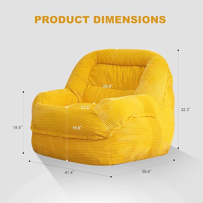 Giant Bean Bag Chair with Armrests - Oversized Cozy Seating for Adults, Corduroy Fabric & High-Resilience Foam Filling, Ideal Lounge for Living Room, Bedroom & Gaming Room (Corn Yellow)