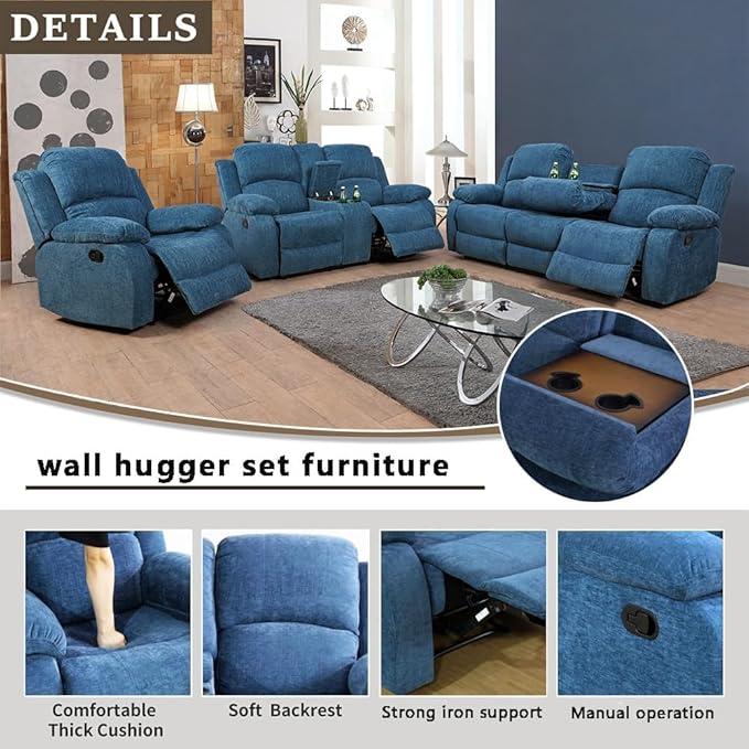 AYCP Microfiber Living Room Furniture Set Reclining Sofa Set Loveseat Furniture Sets in Living Room Sofa Recliners (Sofa+Loveseat, Blue Microfiber)