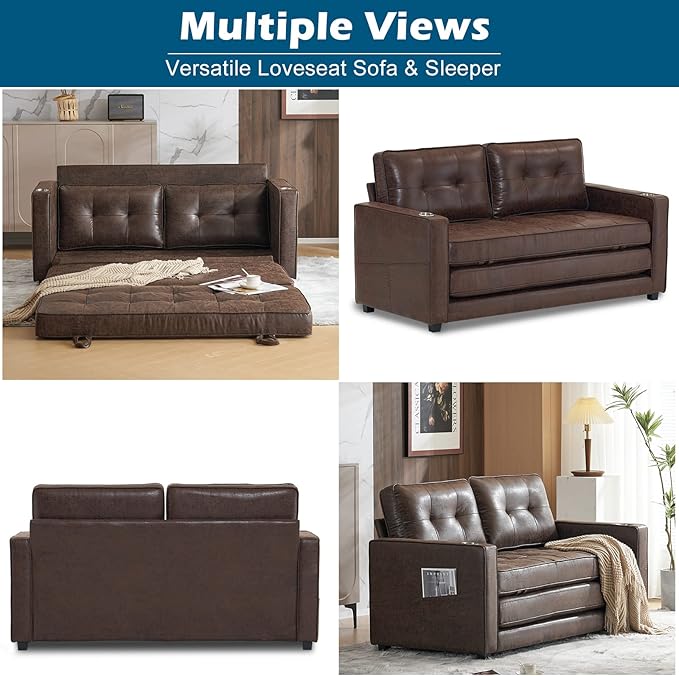 VINGLI Upgraded 64" W 84" L Full Size Futon Sofa Bed, 6" Thick Upholstery Rustic Microfiber Loveseat Sofa Sleeper Pull Out Couch,Convertible Floor Couch for Living Room, Bedroom, Entertainment Room