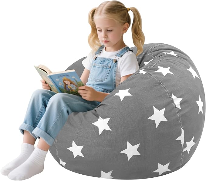 COMAX Bean Bag Chair for Kids, Kid Beanbag Chair Cute, Cotton Canvas Lazy Chair with Shredded Foam Filling, Stuffed Floor Sofa Couch for Boys and Girls, Grey Stars