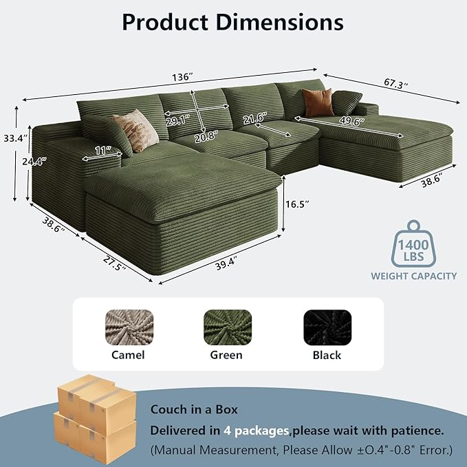 136" Cloud Sectional Couch with U-Shaped Chaise,Corduroy Viral Boneless Sofa with Ottoman,Memory Foam Couches in a Box with Deep Seat for Living Room,No Assembly Required (Green,Right-Facing Chaise)