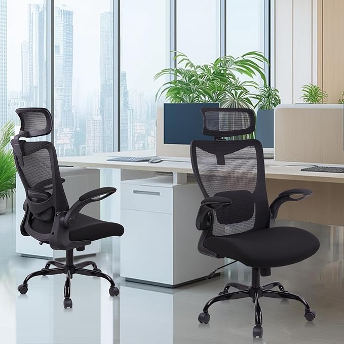 CLATINA Heavy Duty Ergonomic Mesh Office Chair 400LBS, Big and Tall Desk Chair with Adjustable Lumbar Support & Headrest, Flip Up Padded Arms, Swivel Computer Chair for Home, Conference, Black, 2 PACK