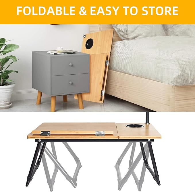 Laptop Desk in Bed, wishacc Adjustable Bamboo Lap Desk Table with Gooseneck Tablet Holder Mount for Laptop,Tablet,Phone,Book Reading