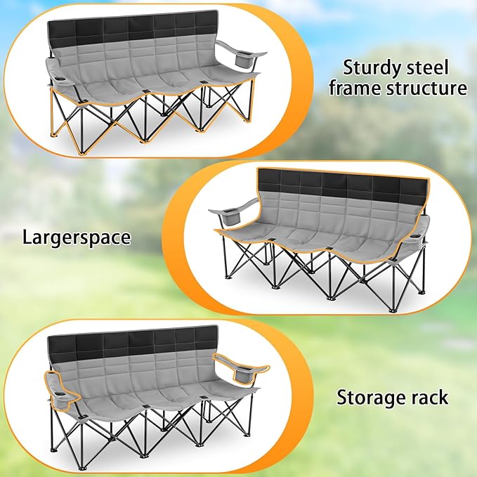 Lowdown 3 Person Camping Chairs, Oversized 771 Lbs Sturdy Camping Couch Chair Portable Fully Padded Folding Loveseat Sofa for Campsites, Festivals, Concerts, Tailgates, Soccer Games