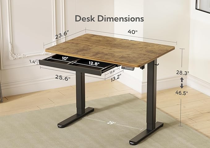 YDN Standing Desk with Drawers, Electric Standing Desk Adjustable Height, Stand Up Desk Computer Workstation, 40 Inch, Rustic Brown