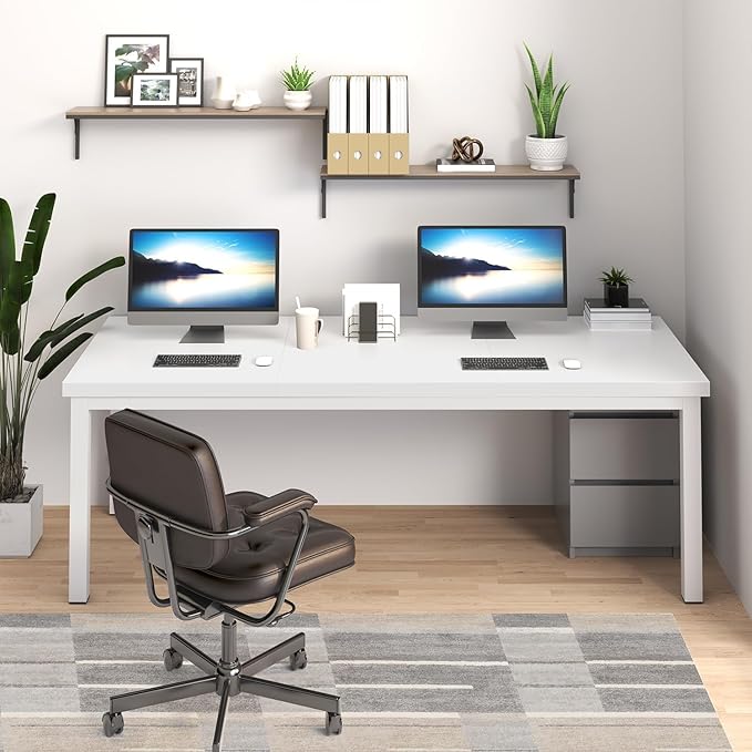 70.8 Inch Large Computer Desk, Modern Office Desk with Deep Desktop, Spacious Gaming Desk for 2 People, Study Writing Workstation for Home Office, Work from Home, White