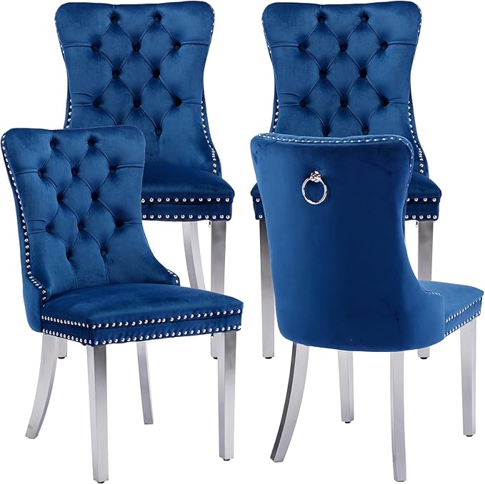 YeahFurn Mid Century Modern Dining Chairs Set of 4, Blue Velvet Upholstered Tufted Back, Kitchen & Dining Room Chairs, Brushed Silver Metal Legs, Nailhead Trim, Sillas para Comedor (Blue, 4 Pcs)