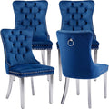 YeahFurn Mid Century Modern Dining Chairs Set of 4, Blue Velvet Upholstered Tufted Back, Kitchen & Dining Room Chairs, Brushed Silver Metal Legs, Nailhead Trim, Sillas para Comedor (Blue, 4 Pcs)
