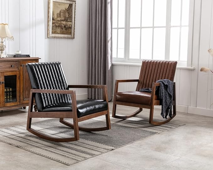 CIMOTA Leather Modern Rocking Chair Mid Century Armchair Upholstered Arm Chair with Padded Seat/Wood Frame, Comfy Rocker for Living Room/Bedroom, Retro Dark Brown PU