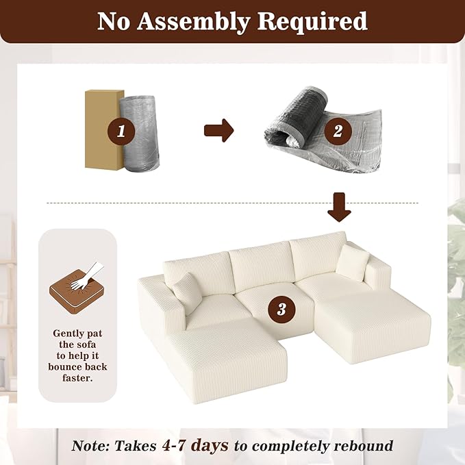 110" Modular Sectional Sofa, Cloud Couch U Shaped Memory Foam Boneless Couch with Ottoman, Cozy Upholstered Corduroy Floor Couch, No Assembly Required Living Room Furniture for Apartment, Beige