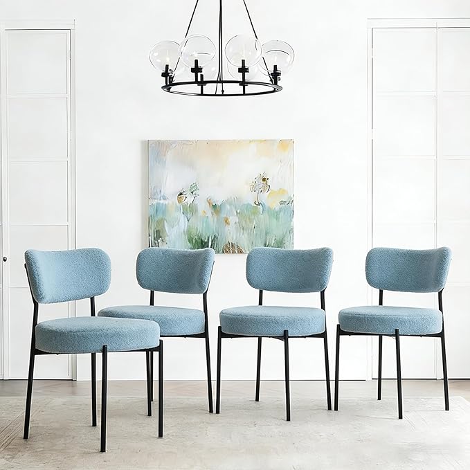 Stabrech Blue Boucle Dining Chairs Set of 6, Upholstered Dinner Chair with Metal Frame, Dining Room Chairs with Padded Seat, Round Modern Seating for Living Room