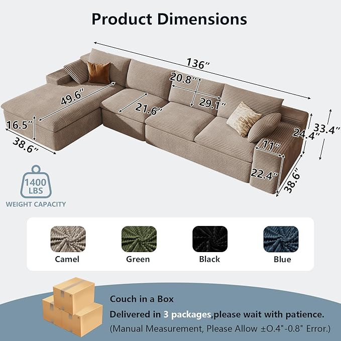 136" Cloud Sectional Couch with L-Shape Chaise, Modern Corduroy Viral Boneless Sofa for Living Room,Memory Foam Couches in a Box with Deep Seat,No Assembly Required (Camel,Left-Facing Chaise)