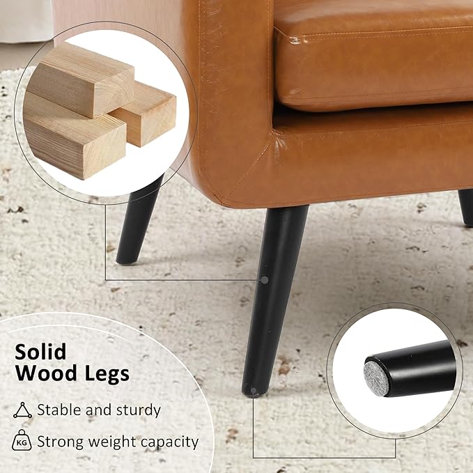 LSSPAID Accent Chairs Set of 2, Brown PU Leather Living Room Chairs, Modern Comfy Upholstered Armchairs Single Sofa Chair with Solid Wood Legs for Apartment, Reading, Office