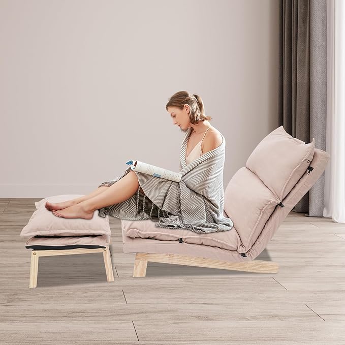 Single Lazy Leisure Chair, Adjustable Recliner Balcony Reclining Japanese Tatami Chair with Ottoman, Floor Seating Lounge Chair with Backrest and Footrest, Upholstered Chair for Living Bedroom (Beige)