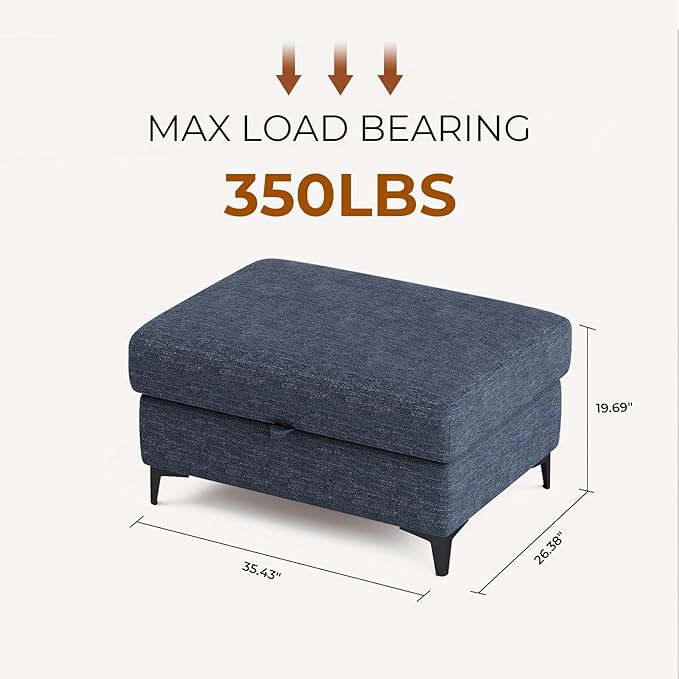 Upvilla 35" Large Storage Ottoman for Living Room, 7.8" Deep Seat Rectangular Ottoman Foot Rest for Couch, Chenille Storage Footstool Load 350 lb （Blue）