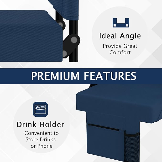 2pcs Stadium Seat for Bleachers with Back Support，Portable Bleacher Chairs with Back and Cushion，Includes Shoulder Strap and Cup Holder