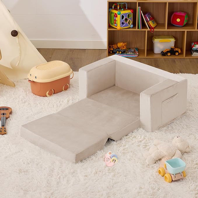 Kids Couch, 2-in-1 Toddler Chair Comfy 1-3 Years, Convertible Kids Chair, Toddler Couch That Fold Out, Kid Lounge Chairs for Boys and Girls, Soft Coral Fleece, Double, Beige