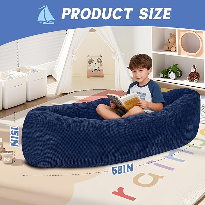 HAHASOLE Sensory Chair for Autistic Children - Foam Peapod Sensory Canoe with Non-Slip Base, Soft Cover Machine Washable, Calming Cocoon for Kids(Navy Blue)