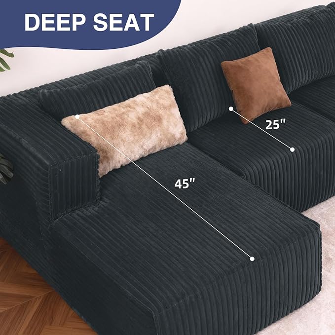 Favoduerme 117” Modular Sectional Cloud Couch with L-Shape Chaise Lounge, Boneless Convertible Sofa for Living Room or Apartment, Plush Corduroy 4-Seater Couch, No Assembly Required, Dark Grey | Pet Friendly, Breathable Fabric