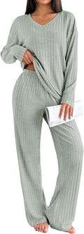 Ekouaer Lounge Sets for Women Long Sleeve Knit Ribbed Pajama Sets 2 Piece Casual Loungewear with Pockets