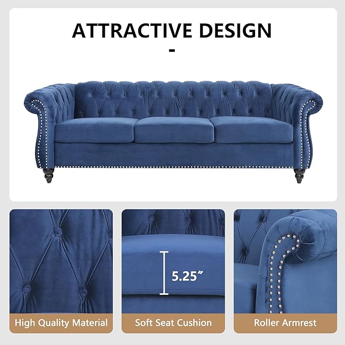 QHITTY Accent Large Sofa, Chesterfield Couch 3 Seater Modern Velvet Couch Upholstered Sofa with Tufted Back for Living Room Furniture (Blue)