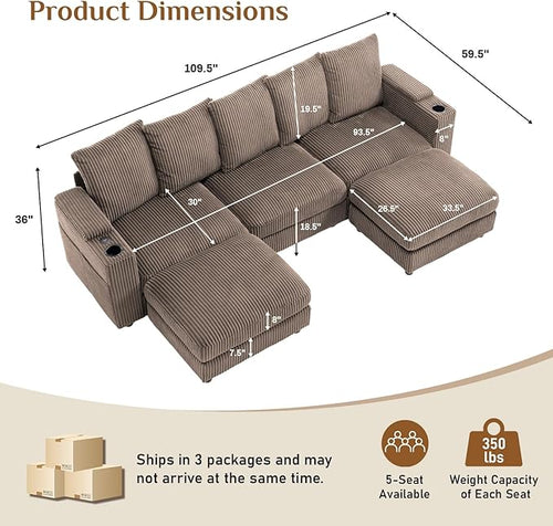 110" W x 60" D U Shape Sectional Sofa with USB Charging & Cup Holder & Storage, 5 Seater Plush Corduroy Couches with Movable Ottoman, Cloud Couch Sofas for Living Room, DIY Combination - Brown