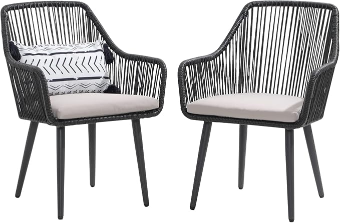 Patiorama Outdoor Dining Chairs, Patio Dining Chair Set of 2, All-Weather Woven Rope Rattan Chairs, Outdoor Dining Wicker Chairs with Armrests for Indoor Balcony Pool Backyard(Black)