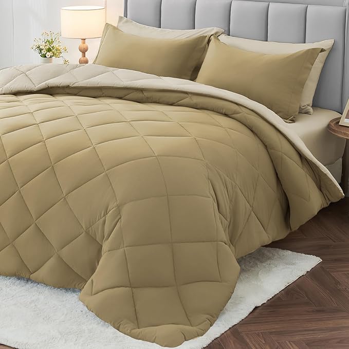 MUXHOMO 7 Pieces Full Comforter Set, Reversible Bed in a Bag Full Size, All Season Bedding Set with Comforter, Flat Sheet, Fitted Sheet, Pillowcases & Shams, Khaki & Linen