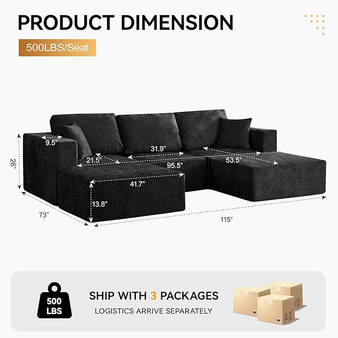 115'' U Shaped Boneless Sofa Couch, 3 Seater Modular Sectional Sofa with 2 Movealbe Ottoman, Chenille Convertible Sleeper Couch with Chaise for Living Room, Black