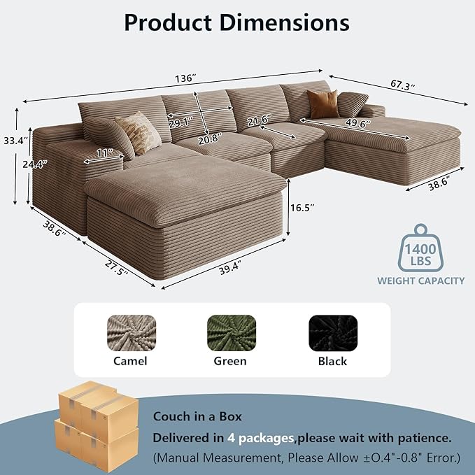 136" Cloud Sectional Couch with U-Shaped Chaise,Corduroy Viral Boneless Sofa with Ottoman,Memory Foam Couches in a Box with Deep Seat for Living Room,No Assembly Required (Camel,Right-Facing Chaise)