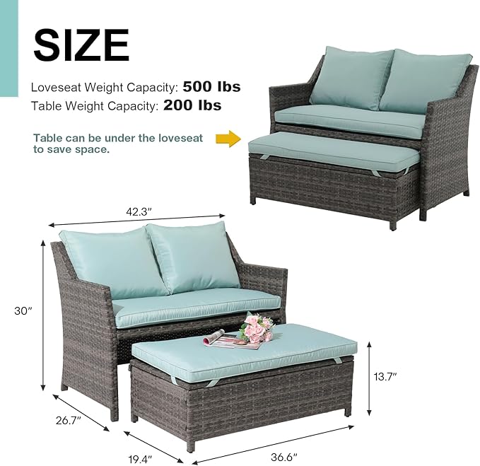 OC Orange-Casual 2-Piece Outdoor Patio Furniture Wicker Love-seat and Coffee Table Set, with Built-in Storage Bin, Grey Rattan, Green Cushions