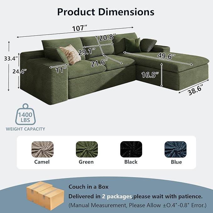 107" Cloud Sectional Couch with L-Shape Chaise,Corduroy Viral Boneless Sofa for Living Room,Modern Memory Foam Couches in a Box with Deep Seat,No Assembly Required (Green,Right-Facing Chaise)